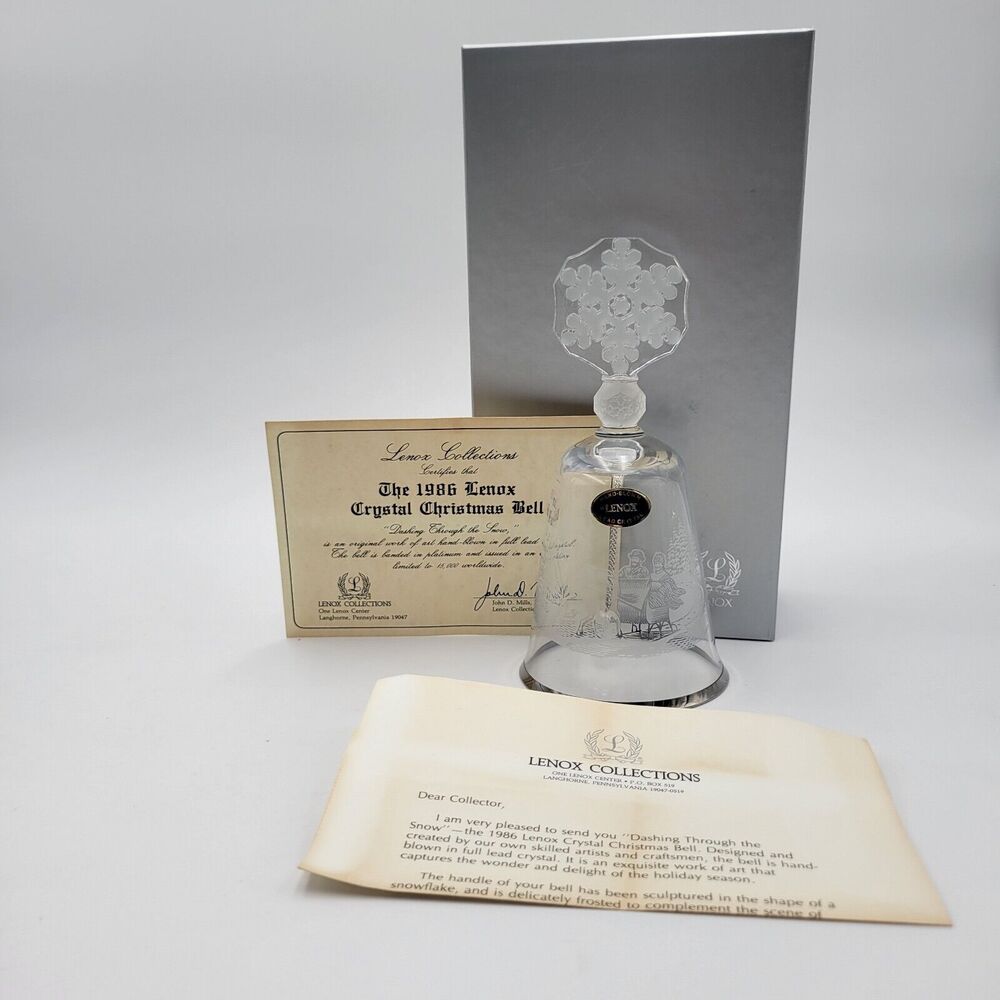 VTG 1986 LENOX Crystal Christmas Bell DASHING THROUGH THE SNOW Hand Blown COA